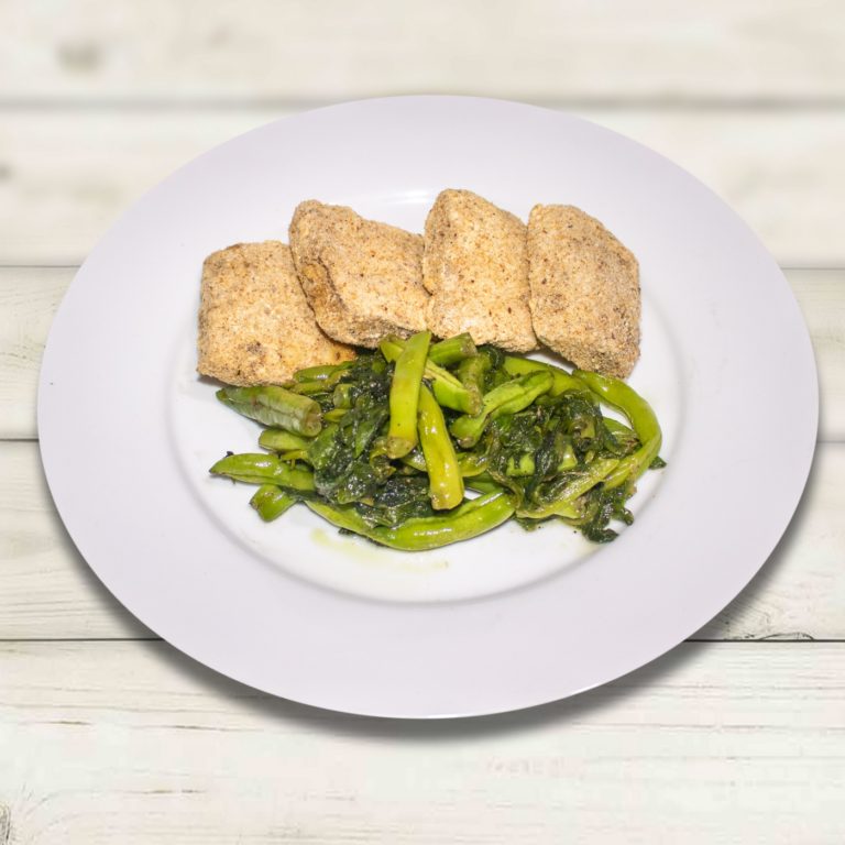 AIRFRIED BREADED FISH WITH BEANS AND SPINACH