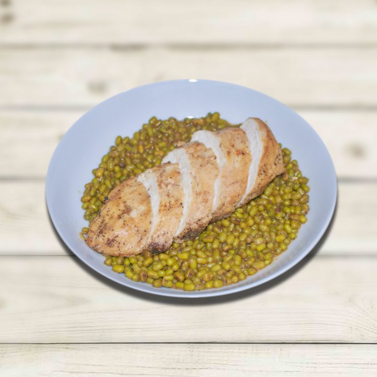 GRILLED CHICKEN AND MOONG DAL STIR FRY