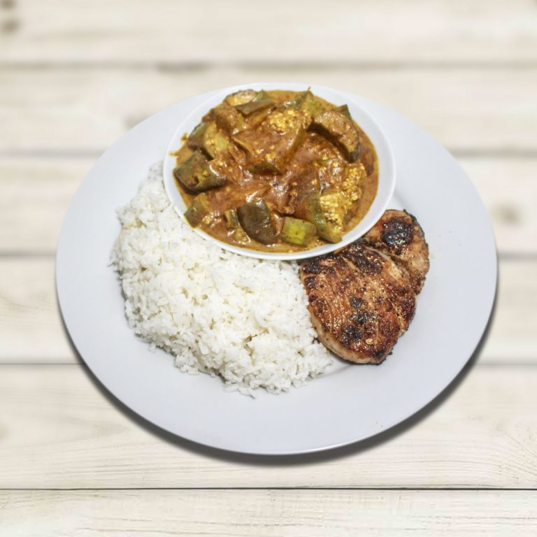 RICE WITH STIRFRIED FISH AND EGG PLANT CURRY
