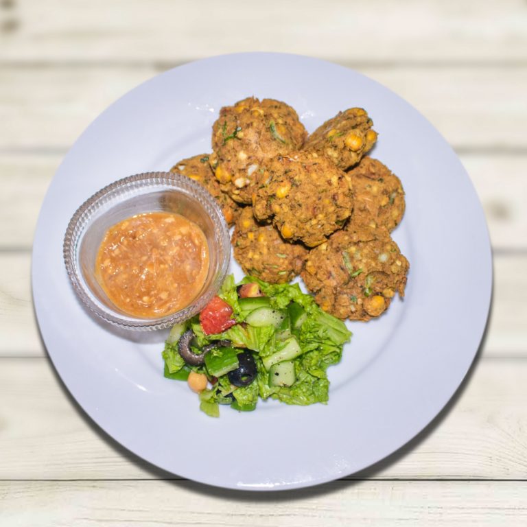 FALAFELS WITH SALAD AND PEANUT SAUCE