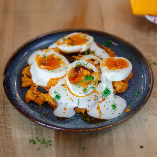 Crispy Smashed Sweet Potato & Eggs